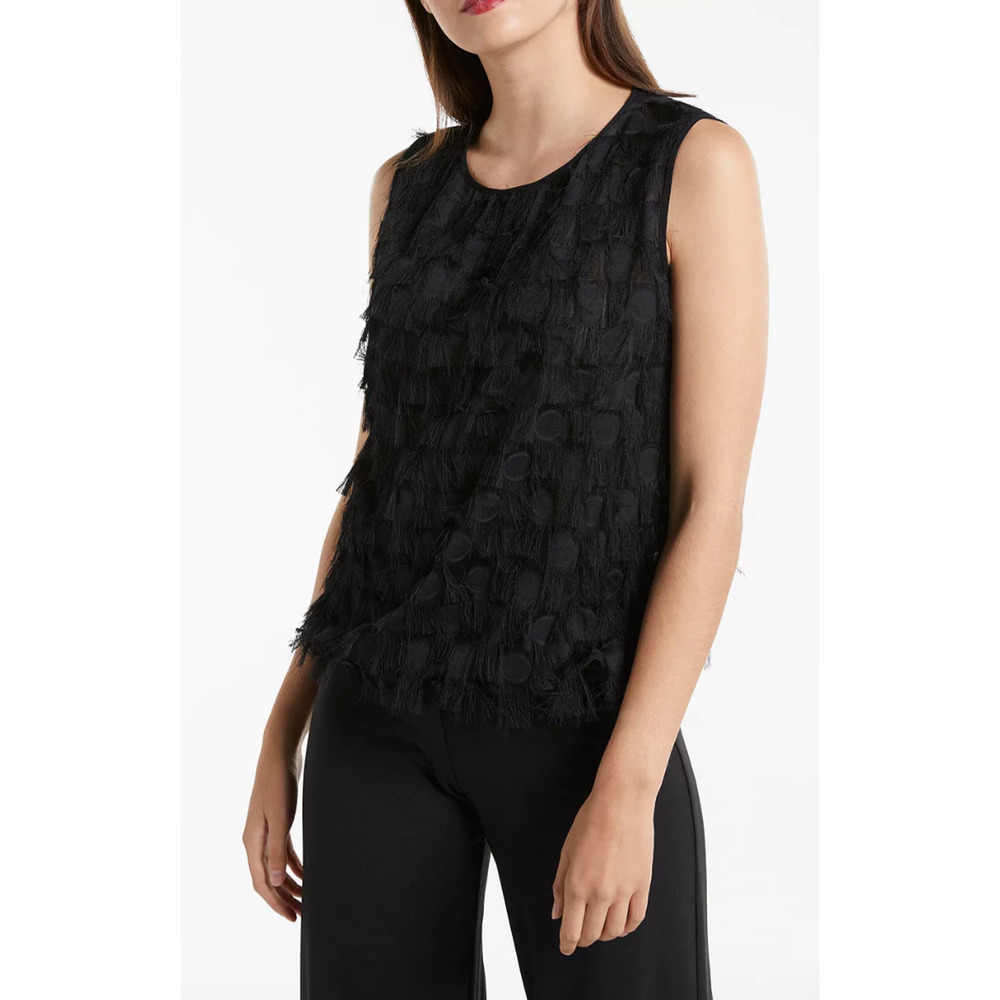 Max Studio Black Sleeveless Fringe Detail Top